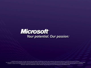 © 2009 Microsoft Corporation. All rights reserved. Microsoft, MSDN, the MSDN logo, and [list other trademarks referenced] are trademarks of the Microsoft group of companies.  The information herein is for informational purposes only and represents the current view of Microsoft Corporation as of the date of this presentation.  Because Microsoft must respond to changing market conditions, it should not be interpreted to be a commitment on the part of Microsoft, and Microsoft cannot guarantee the accuracy of any information provided after the date of this presentation.  MICROSOFT MAKES NO WARRANTIES, EXPRESS, IMPLIED, OR STATUTORY, AS TO THE INFORMATION IN THIS PRESENTATION.