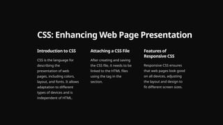 CSS: Enhancing Web Page Presentation
Introduction to CSS
CSS is the language for
describing the
presentation of web
pages, including colors,
layout, and fonts. It allows
adaptation to different
types of devices and is
independent of HTML.
Attaching a CSS File
After creating and saving
the CSS file, it needs to be
linked to the HTML files
using the tag in the
section.
Features of
Responsive CSS
Responsive CSS ensures
that web pages look good
on all devices, adjusting
the layout and design to
fit different screen sizes.
 