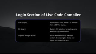 Login Section of Live Code Compiler
HTML (Login) Bootstrap 5 is used, and its CSS is linked
from a CDN for styling.
CSS (Login) Custom CSS is defined for styling, using
a red-black gradient theme.
Snapshot of Login section Visual representation of the login
section, showcasing the design and
layout of the user interface.
 
