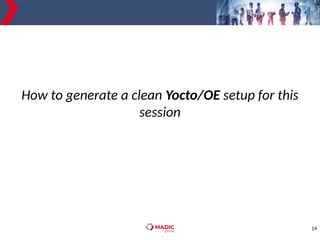 14
How to generate a clean Yocto/OE setup for this
session
 