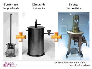 ______________________________________________________________________________
A Ciência de Marie Curie – 5/8/2021
cas.ufrgs@gmail.com
Balança
piezoelétrica
Eletrômetro
de quadrante
Câmara de
ionização
 