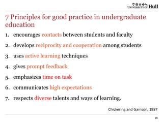 7 Principles for good practice in undergraduate
education
36
1. encourages contacts between students and faculty
2. develops reciprocity and cooperation among students
3. uses active learning techniques
4. gives prompt feedback
5. emphasizes time on task
6. communicates high expectations
7. respects diverse talents and ways of learning.
Chickering and Gamson, 1987
 