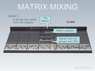 Layout 2 A bit like Aux sends from the masters GL4800 The Matrix Sends from the groups and LRM Matrix masters 
