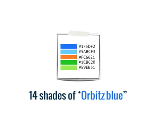 #1F5DF2
             #5ABCF3
             #FC6621
             #1CBC20
             #89EB51




14 shades of “Orbitz blue”
 