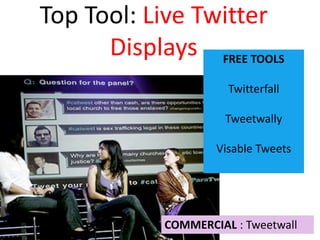 Top Tool: Live Twitter
Displays FREE TOOLS
Twitterfall
Tweetwally
Visable Tweets
COMMERCIAL : Tweetwall
 