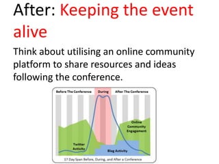 After: Keeping the event
alive
Think about utilising an online community
platform to share resources and ideas
following the conference.
 