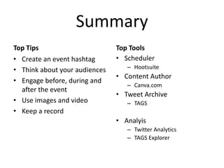 Summary
Top Tips
• Create an event hashtag
• Think about your audiences
• Engage before, during and
after the event
• Use images and video
• Keep a record
Top Tools
• Scheduler
– Hootsuite
• Content Author
– Canva.com
• Tweet Archive
– TAGS
• Analyis
– Twitter Analytics
– TAGS Explorer
 