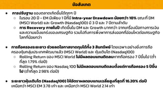 ● กำรปรับฐำน ของตลำดเกิดขึ้นได้ทุกๆ ปี
○ ในรอบ 20 ปี - EM มีเพียง 1 ปีที่มี Intra-year Drawdown น้อยกว่ำ 10% ขณะที่ DM
(MSCI World) และ Growth (Nasdaq100) มี 3 ปี และ 7 ปีตำมลำดับ
○ กำร Recovery ภำยในปี เกิดขึ้นใน DM และ Growth มำกกว่ำ จำกเครื่องมือทำงกำรเงิน
และควำมแข็งแกร่งของเศรษฐกิจ รวมไปถึงกำรพึ่งพำกำรส่งออกที่อ่อนไหวต่อเศรษฐกิจ
โลกที่น้อยกว่ำ
● กำรถือครองระยะยำว ช่วยลดโอกำสขำดทุนได้ทั้ง 3 สินทรัพย์ โดยเฉพำะอย่ำงยิ่งกำรถือ
ครองหุ้นกลุ่มประเทศพัฒนำแล้ว (MSCI World) และ หุ้นเติบโต (Nasdaq100)
○ Rolling Return ของ MSCI World ไม่มีผลตอบแทนติดลบหำกถือครอง 7 ปีขึ้นไป (ต่ำ
ที่สุด 1.79% ต่อปี)
○ Rolling Return ของ Nasdaq 100 ไม่มีผลตอบแทนติดลบตั้งแต่กำรถือครอง 5 ปีขึ้น
ไป (ต่ำที่สุด 2.98% ต่อปี)
● ระยะยำวหุ้นเติบโต (Nasdaq100) ให้อัตรำผลตอบแทนเฉลี่ยสูงที่สุดที่ 16.20% ต่อปี
เหนือกว่ำ MSCI EM 3.78 เท่ำ และ เหนือกว่ำ MSCI World 2.14 เท่ำ
LOGO
ข้อสังเกต
 