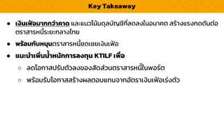 Key Takeaway
● เงินเฟ้อมำกกว่ำคำด และแนวโน้มดุลบัญชีที่ลดลงในอนำคต สร้ำงแรงกดดันต่อ
ตรำสำรหนี้ระยะกลำงไทย
● พร้อมกับหนุนตรำสำรหนี้ชดเชยเงินเฟ้อ
● แนะนำเพิ่มน้ำหนักกำรลงทุน KTILF เพื่อ
○ ลดโอกำสปรับตัวลงของสัดส่วนตรำสำรหนีัในพอร์ต
○ พร้อมรับโอกำสสร้ำงผลตอบแทนจำกอัตรำเงินเฟ้อเร่งตัว
 
