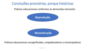 Práticas educacionais conformes às demandas mercantis
Reprodução
Reconstrução
Práticas educacionais ressignificadas, empoderadoras e emancipadoras
Conclusões provisórias, porque históricas
Lucila Pesce
 