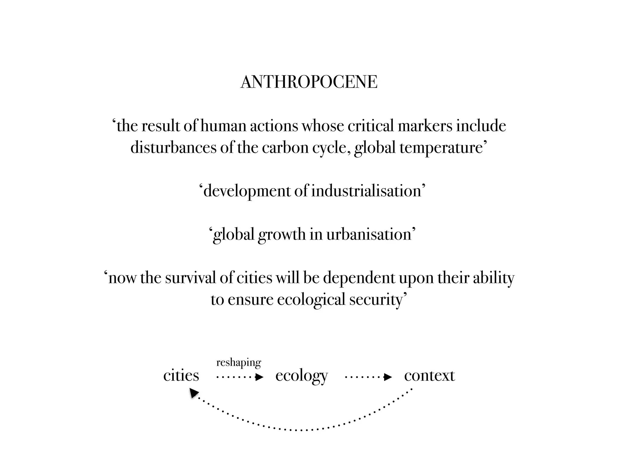 ANTHROPOCENE
‘the result of human actions whose critical markers include
disturbances of the carbon cycle, global temperature’
‘development of industrialisation’
‘global growth in urbanisation’
‘now the survival of cities will be dependent upon their ability
to ensure ecological security’
cities ecology context
reshaping
 