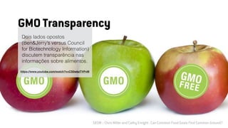 Dois lados opostos
(Ben&Jerry’s versus Council
for Biotechnology Information)
discutem transparência nas
informações sobre alimentos.
https://www.youtube.com/watch?v=CS0wbzTVPvM
GMO Transparency
SXSW :: Chirs Miller and Cathy Enright : Can Common Food Goals Find Common Ground?
 