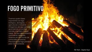 TED TALK :: Stephen Pyne
FOGO PRIMITIVO
Tivemos quatro fases
importantes do fogo:
biológica, aborígene,
agricultural e industrial.
Chegamos até aqui por que
aprendemos a cozinhar
comida e também nossas
casas. Só que agora estamos
cozinhando o planeta.
Vivemos em um mundo de
combustão excessiva.
Precisamos do fogo primitivo
para nos reconectar.
 