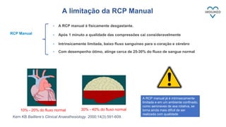 A limitação da RCP Manual
• A RCP manual é fisicamente desgastante.
• Após 1 minuto a qualidade das compressões cai consideravelmente
• Intrinsicamente limitada, baixo fluxo sanguíneo para o coração e cérebro
• Com desempenho ótimo, atinge cerca de 25-30% do fluxo de sangue normal
RCP Manual
30% - 40% do fluxo normal
10% - 20% do fluxo normal
Kern KB Bailliere’s Clinical Anaesthesiology. 2000;14(3):591-609.
A RCP manual já é intrinsecamente
limitada e em um ambiente confinado,
como aeronaves de asa rotativa, se
torna ainda mais difícil de ser
realizada com qualidade
 