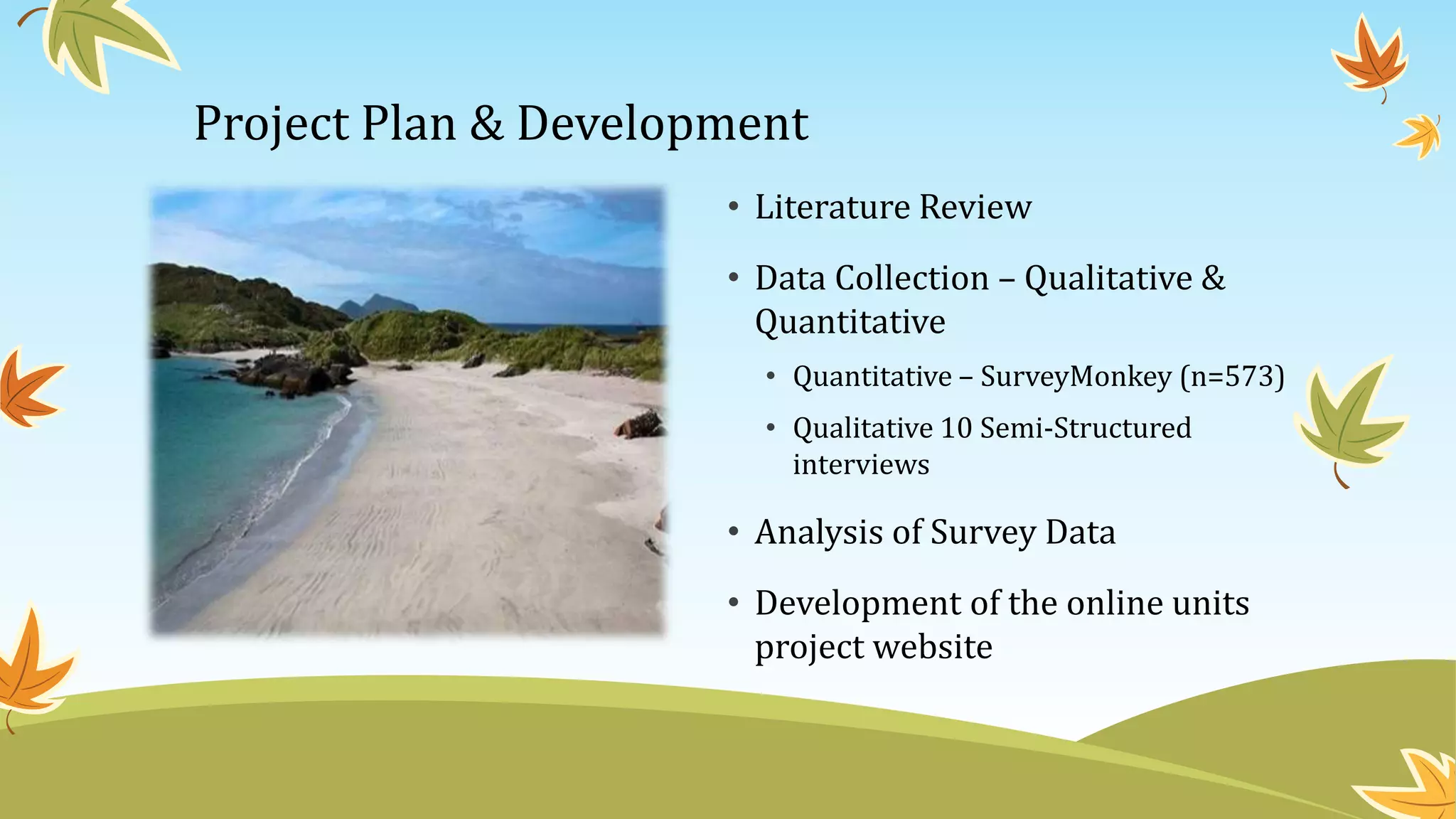 Project Plan & Development
• Literature Review
• Data Collection – Qualitative &
Quantitative
• Quantitative – SurveyMonkey (n=573)
• Qualitative 10 Semi-Structured
interviews
• Analysis of Survey Data
• Development of the online units
project website
 