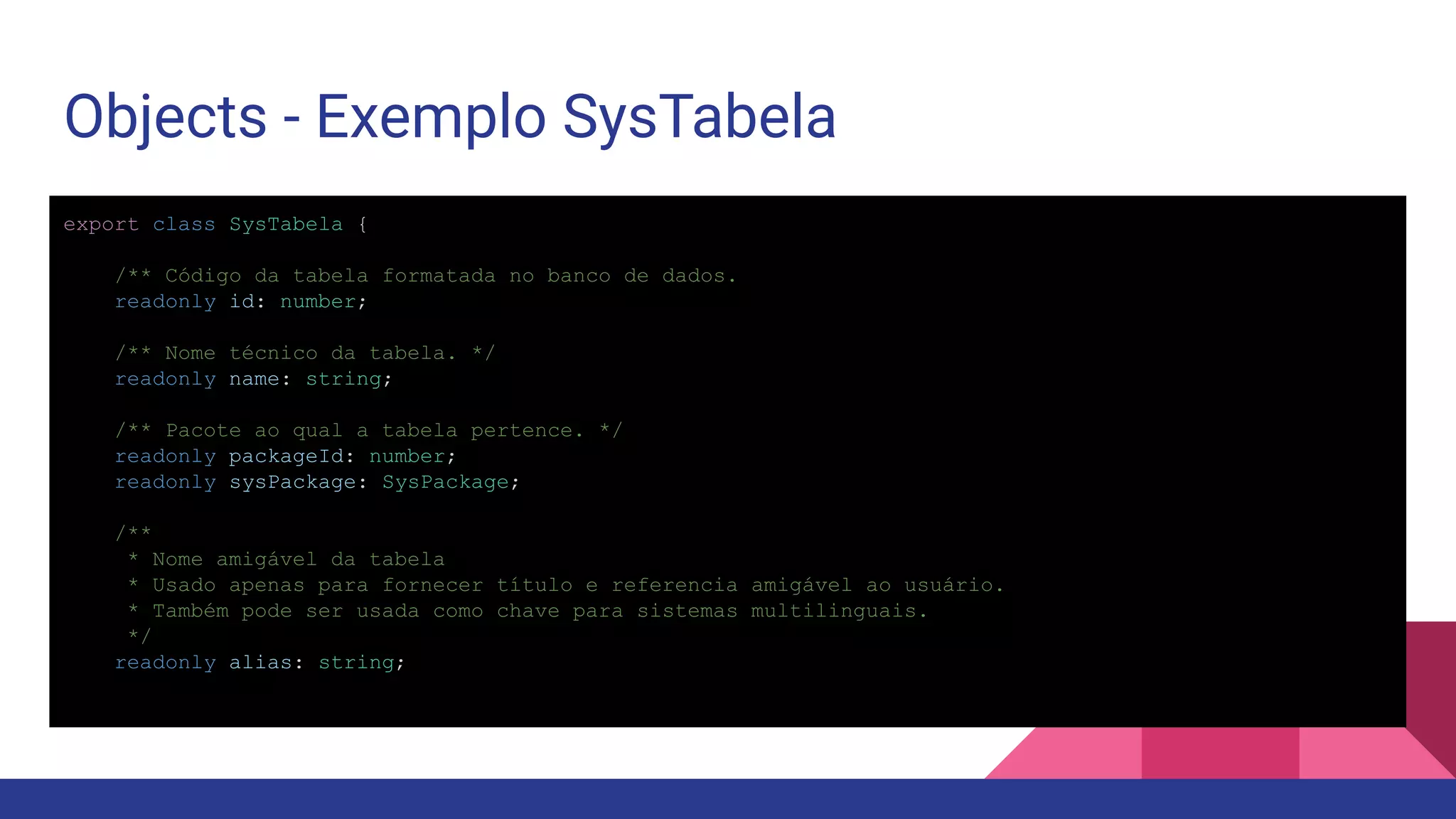 Objects - Exemplo SysTabela export class SysTabela { /** Código da tabela formatada no banco de dados. readonly id: number; /** Nome técnico da tabela. */ readonly name: string; /** Pacote ao qual a tabela pertence. */ readonly packageId: number; readonly sysPackage: SysPackage; /** * Nome amigável da tabela * Usado apenas para fornecer título e referencia amigável ao usuário. * Também pode ser usada como chave para sistemas multilinguais. */ readonly alias: string; 