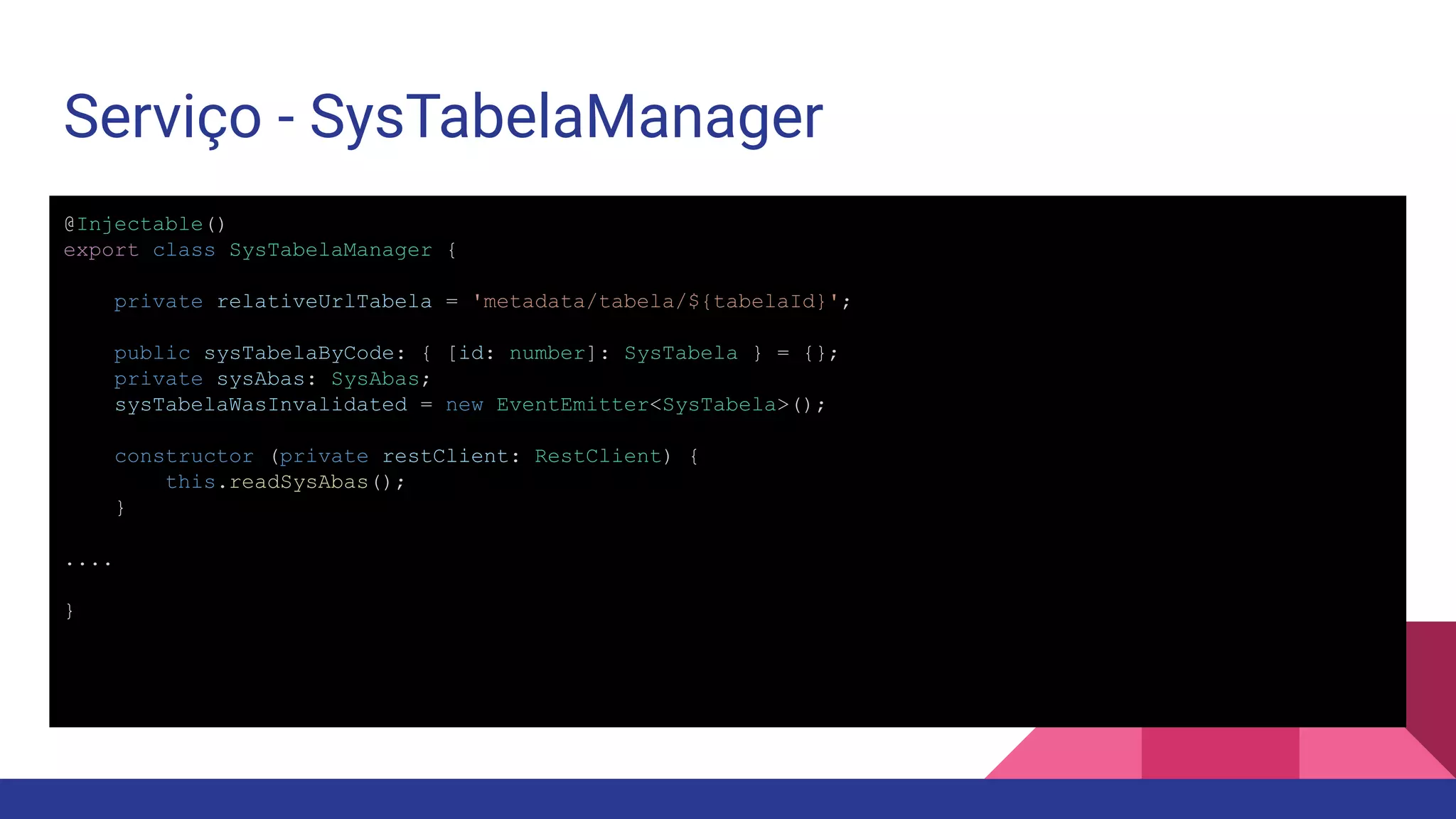 Serviço - SysTabelaManager @Injectable() export class SysTabelaManager { private relativeUrlTabela = 'metadata/tabela/${tabelaId}'; public sysTabelaByCode: { [id: number]: SysTabela } = {}; private sysAbas: SysAbas; sysTabelaWasInvalidated = new EventEmitter<SysTabela>(); constructor (private restClient: RestClient) { this.readSysAbas(); } .... } 