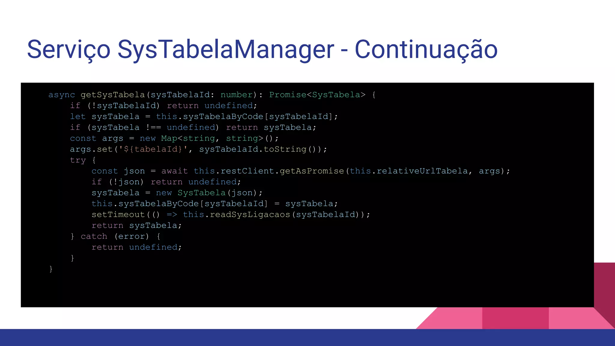 Serviço SysTabelaManager - Continuação async getSysTabela(sysTabelaId: number): Promise<SysTabela> { if (!sysTabelaId) return undefined; let sysTabela = this.sysTabelaByCode[sysTabelaId]; if (sysTabela !== undefined) return sysTabela; const args = new Map<string, string>(); args.set('${tabelaId}', sysTabelaId.toString()); try { const json = await this.restClient.getAsPromise(this.relativeUrlTabela, args); if (!json) return undefined; sysTabela = new SysTabela(json); this.sysTabelaByCode[sysTabelaId] = sysTabela; setTimeout(() => this.readSysLigacaos(sysTabelaId)); return sysTabela; } catch (error) { return undefined; } } 