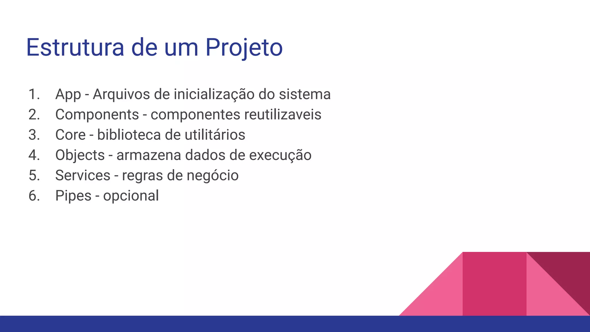 Estrutura de um Projeto 1. App - Arquivos de inicialização do sistema 2. Components - componentes reutilizaveis 3. Core - biblioteca de utilitários 4. Objects - armazena dados de execução 5. Services - regras de negócio 6. Pipes - opcional 