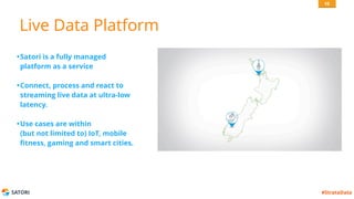 SATORI #StrataData
Live Data Platform
•Satori is a fully managed  
platform as a service
•Connect, process and react to  
streaming live data at ultra-low  
latency.
•Use cases are within  
(but not limited to) IoT, mobile  
fitness, gaming and smart cities.
10
 