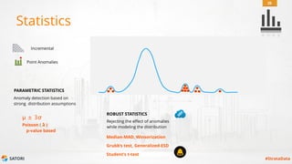 SATORI #StrataData
Statistics
26
PARAMETRIC STATISTICS
Anomaly detection based on
strong distribution assumptions
µ ± 3σ
Poisson ( ℷ )
p-value based
Point Anomalies
Incremental
ROBUST STATISTICS
Rejecting the effect of anomalies
while modeling the distribution
Median-MAD, Winsorization
Grubb’s test, Generalized-ESD
Student’s t-test
 