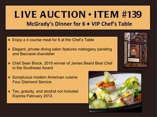 L IVE A UC TION • ITE M #139
          McGrady’s Dinner for 6 ♦ VIP Chef’s Table

♦ Enjoy a 4 course meal for 6 at the Chef’s Table

♦ Elegant, private dining salon features mahogany paneling
  and Baccarat chandelier

♦ Chef Sean Brock, 2010 winner of James Beard Best Chef
  in the Southeast Award

♦ Sumptuous modern American cuisine
  Four Diamond Service

♦ Tax, gratuity, and alcohol not included
  Expires February 2013
 