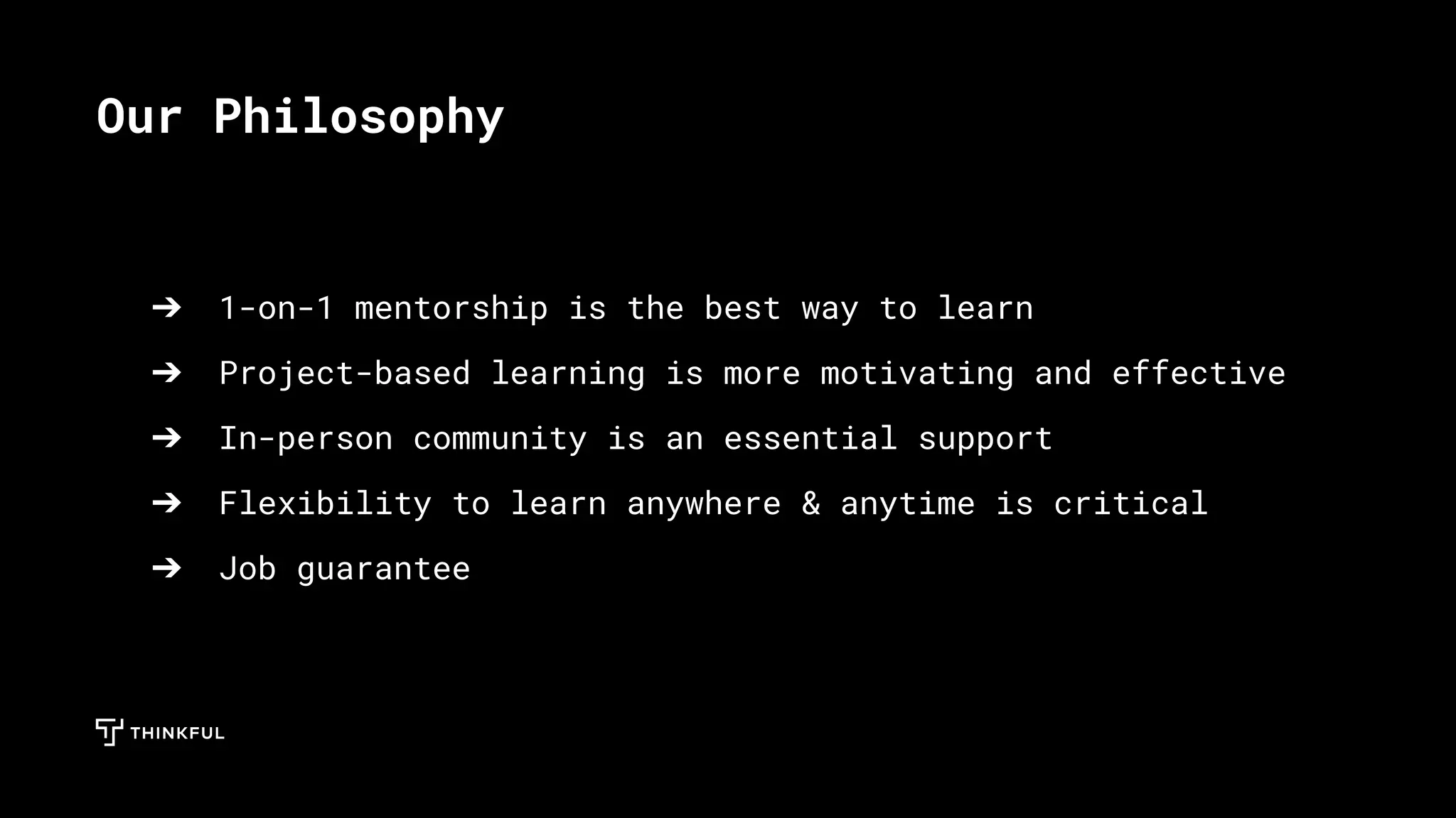 ➔ 1-on-1 mentorship is the best way to learn
➔ Project-based learning is more motivating and effective
➔ In-person community is an essential support
➔ Flexibility to learn anywhere & anytime is critical
➔ Job guarantee
Our Philosophy
 