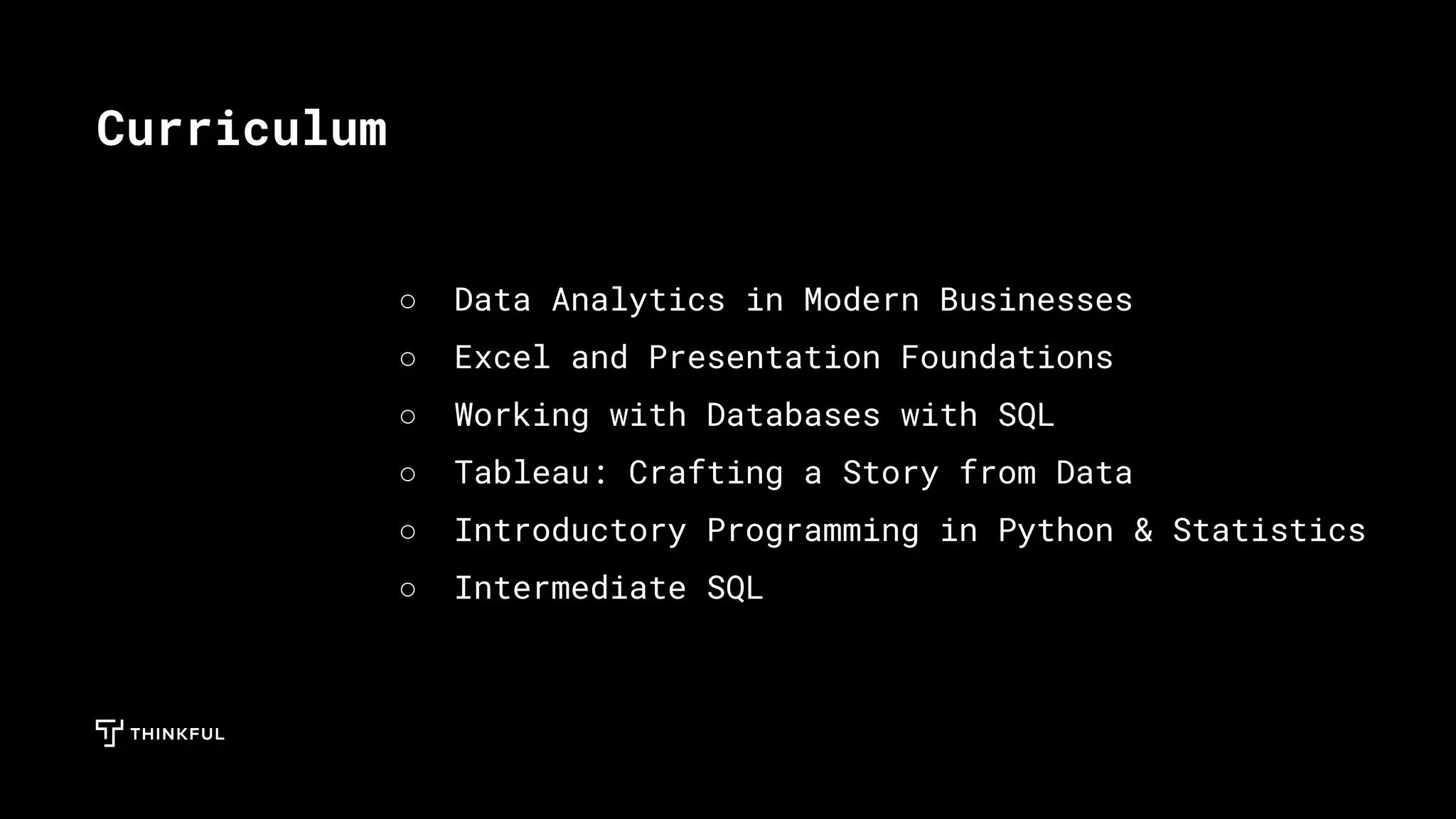 ○ Data Analytics in Modern Businesses
○ Excel and Presentation Foundations
○ Working with Databases with SQL
○ Tableau: Crafting a Story from Data
○ Introductory Programming in Python & Statistics
○ Intermediate SQL
○
Curriculum
 