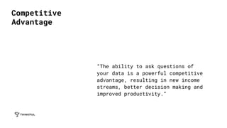 Competitive
Advantage
“The ability to ask questions of
your data is a powerful competitive
advantage, resulting in new income
streams, better decision making and
improved productivity.”
 