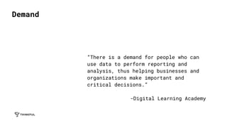 Demand
“There is a demand for people who can
use data to perform reporting and
analysis, thus helping businesses and
organizations make important and
critical decisions.”
-Digital Learning Academy
 