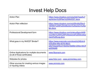 Invest Help Docs
Action Plan https://www.dropbox.
com/s/gv0ab7zpjz6u7eq/Action%20Plan%
20INVEST.docx
Action Plan reflection https://www.dropbox.
com/s/p55hy8g25bv319f/INV%206%
20reflection%20action%20plan.docx
Professional Development form https://www.dropbox.
com/s/wkuo6gmv9r88noo/INV%208%
20Professional%20Development%20Log.
docx
What goes in my INVEST Binder? https://www.evernote.
com/shard/s248/sh/4d35c80e-f4fe-4076-
96e3-
e6b70dad25fc/215b05d16b66b1200a1dfc3f
ed354d48
Online Applications for multiple documents
(ie all of those certificates)
www.flipsnack.com
Websites for photos www.fotor.com , www.picmonkey.com,
Other sources for creating various images
or inputing videos
www.animoto.com
 