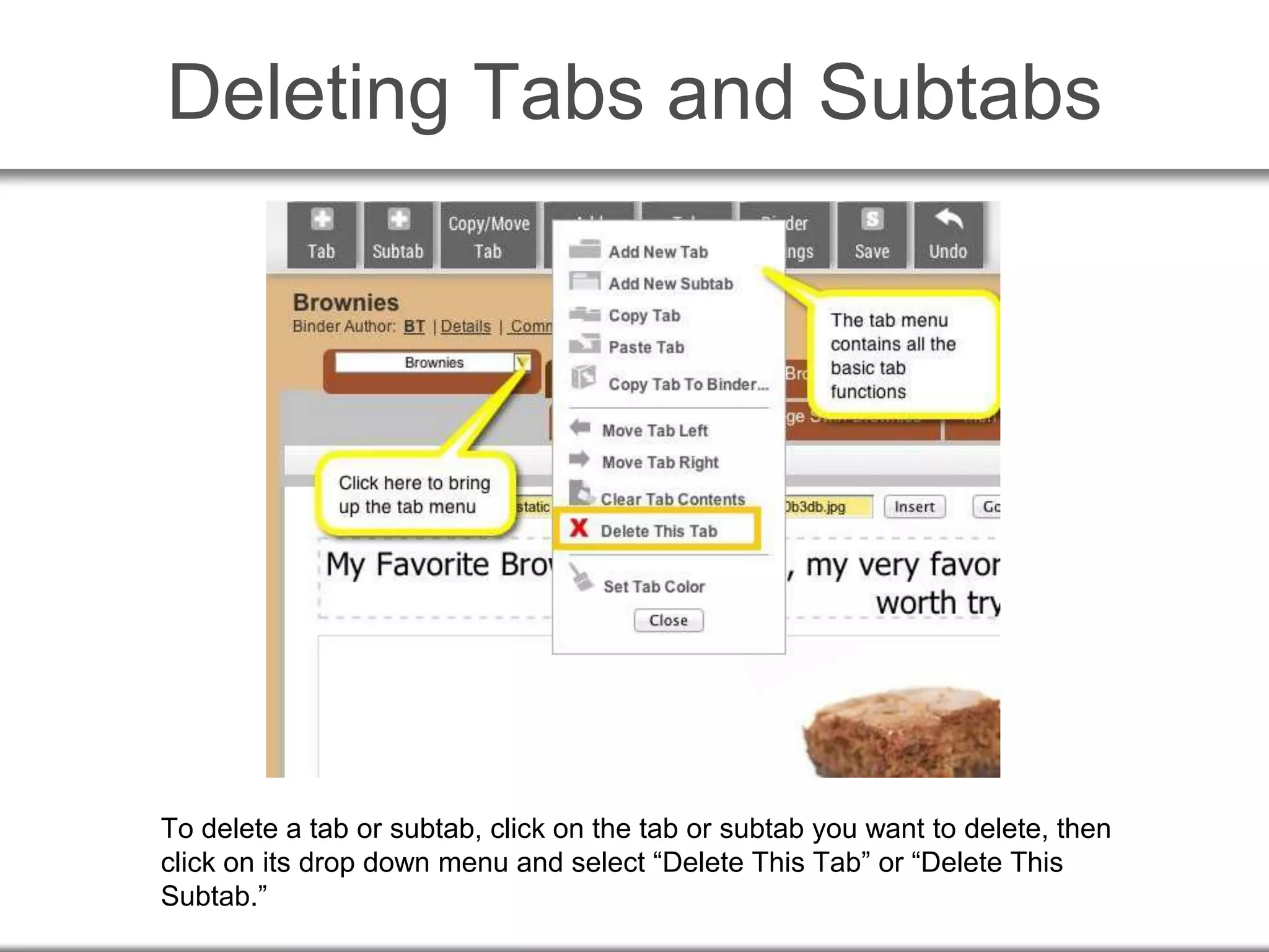 Deleting Tabs and Subtabs
To delete a tab or subtab, click on the tab or subtab you want to delete, then
click on its drop down menu and select “Delete This Tab” or “Delete This
Subtab.”
 
