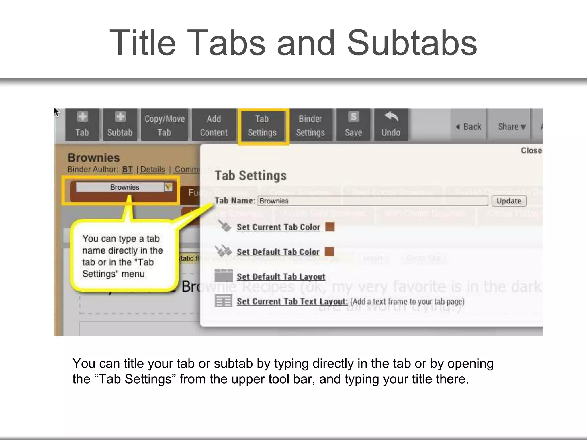 Title Tabs and Subtabs
You can title your tab or subtab by typing directly in the tab or by opening
the “Tab Settings” from the upper tool bar, and typing your title there.
 
