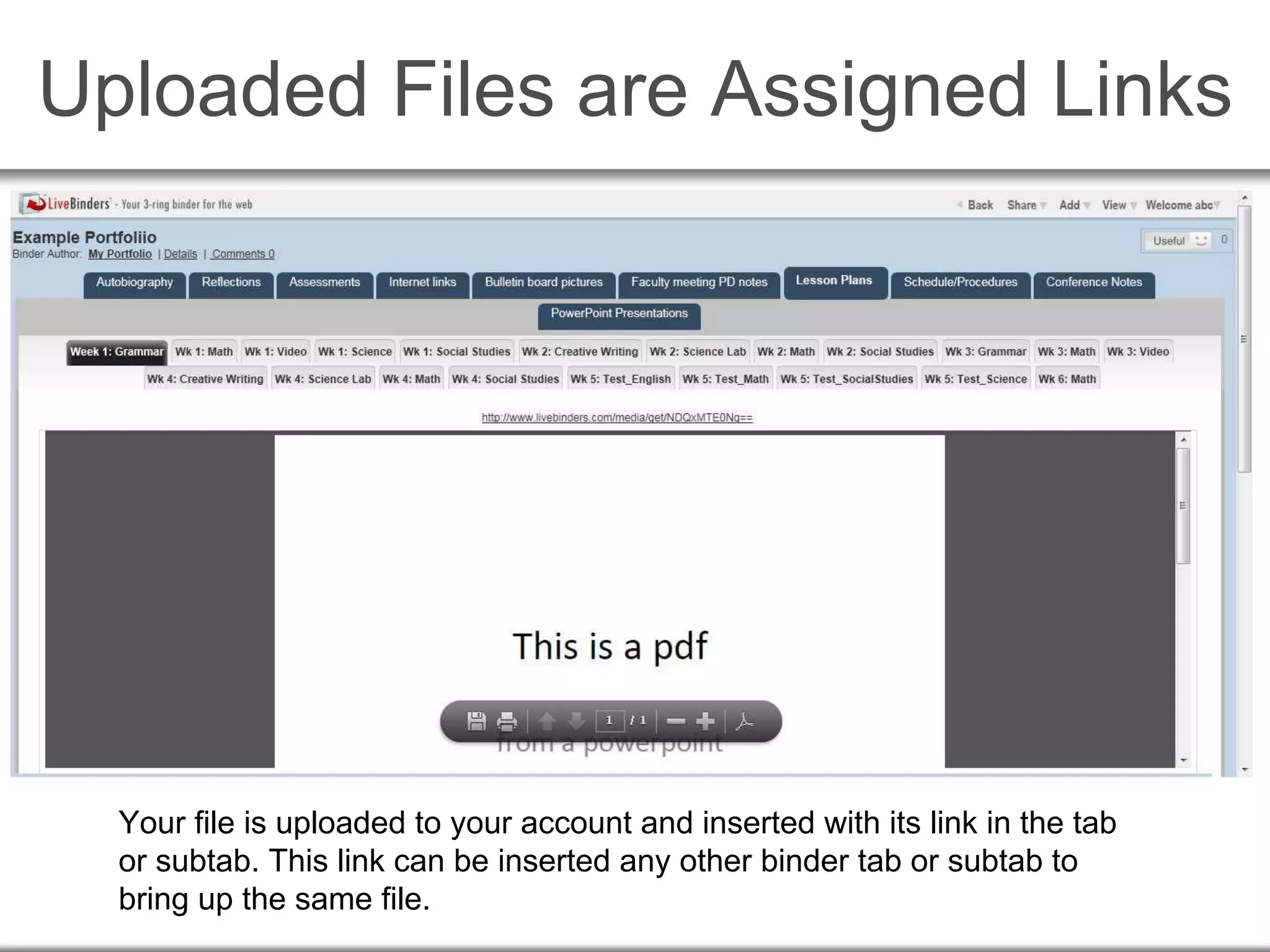 Uploaded Files are Assigned Links
Your file is uploaded to your account and inserted with its link in the tab
or subtab. This link can be inserted any other binder tab or subtab to
bring up the same file.
 