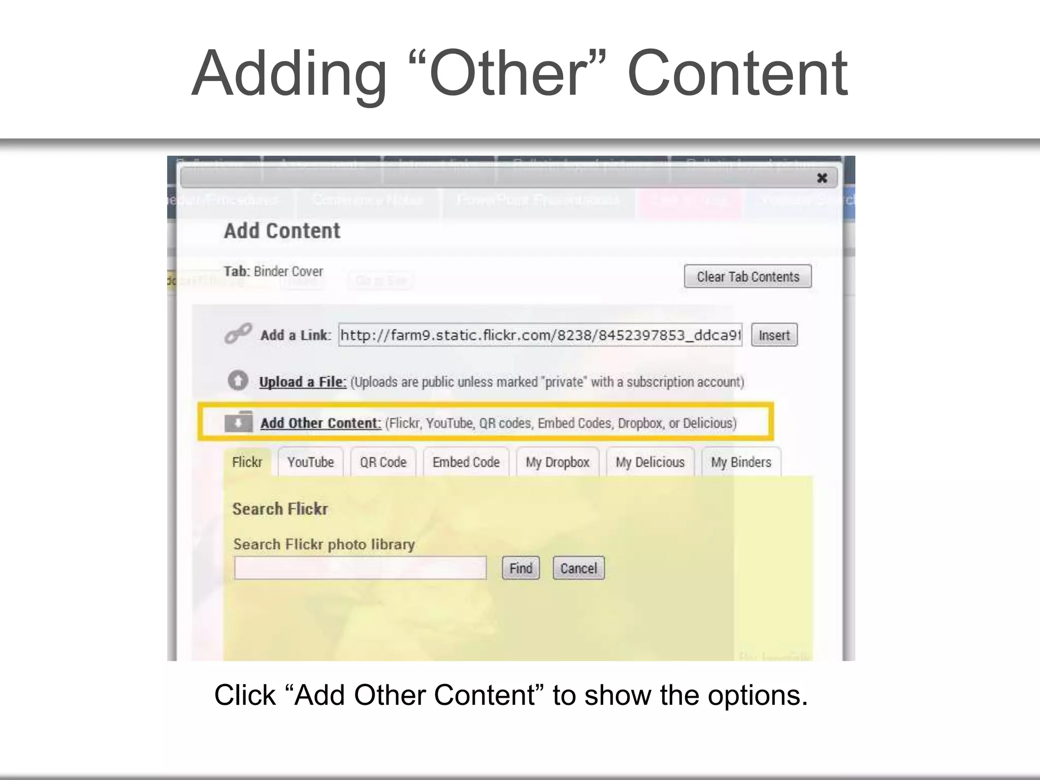 Adding “Other” Content
Click “Add Other Content” to show the options.
 