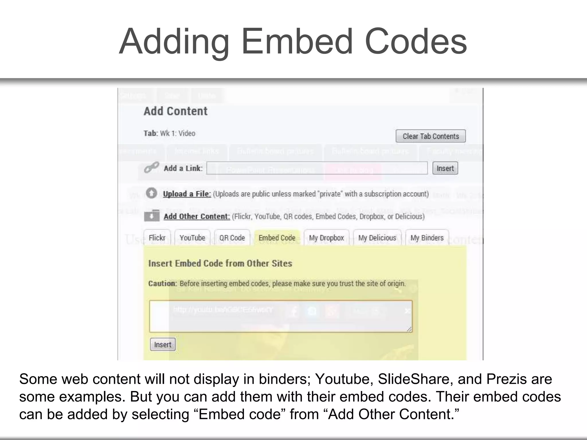 Adding Embed Codes
Some web content will not display in binders; Youtube, SlideShare, and Prezis are
some examples. But you can add them with their embed codes. Their embed codes
can be added by selecting “Embed code” from “Add Other Content.”
 