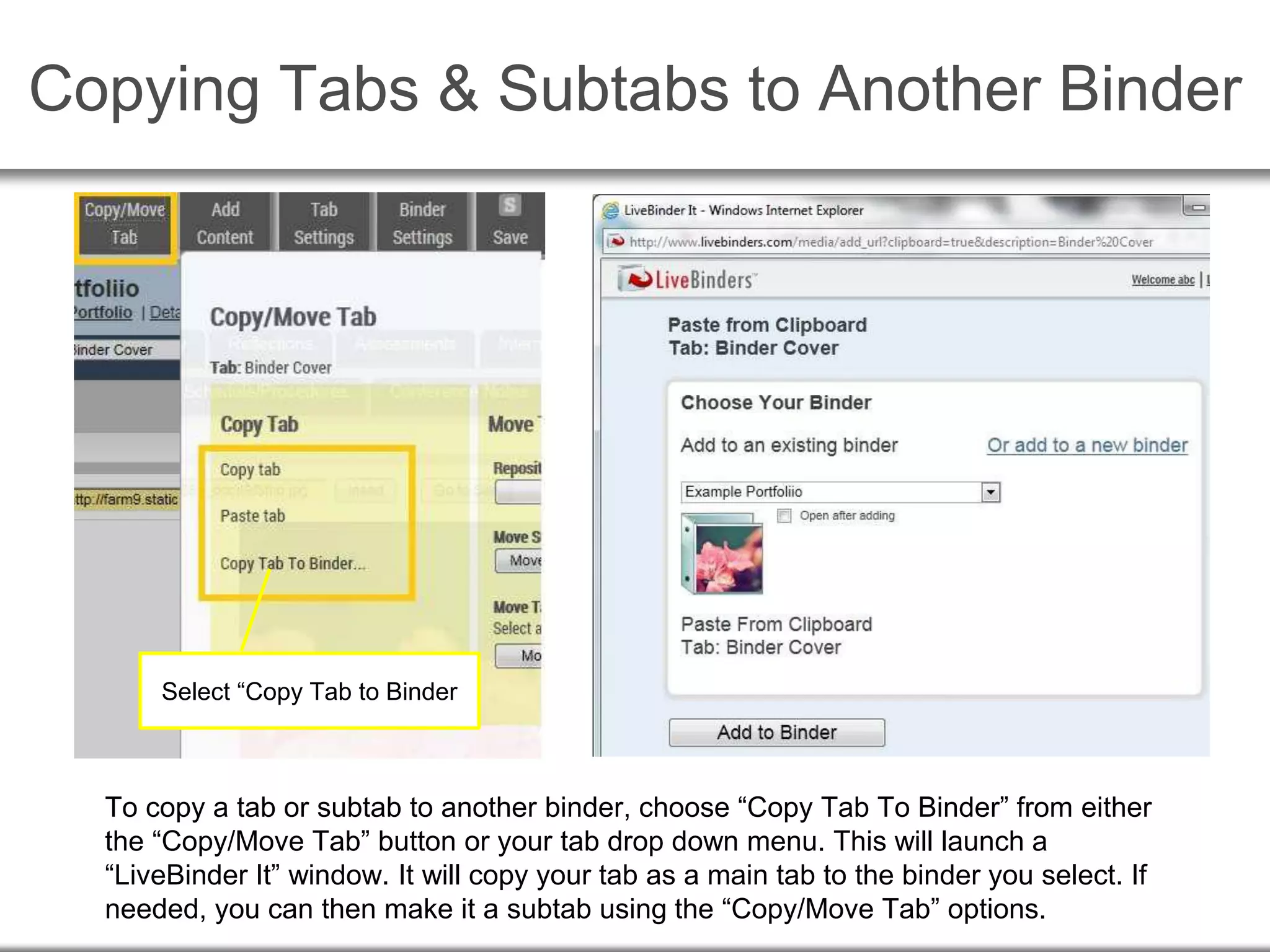 Copying Tabs & Subtabs to Another Binder
To copy a tab or subtab to another binder, choose “Copy Tab To Binder” from either
the “Copy/Move Tab” button or your tab drop down menu. This will launch a
“LiveBinder It” window. It will copy your tab as a main tab to the binder you select. If
needed, you can then make it a subtab using the “Copy/Move Tab” options.
Select “Copy Tab to Binder
 