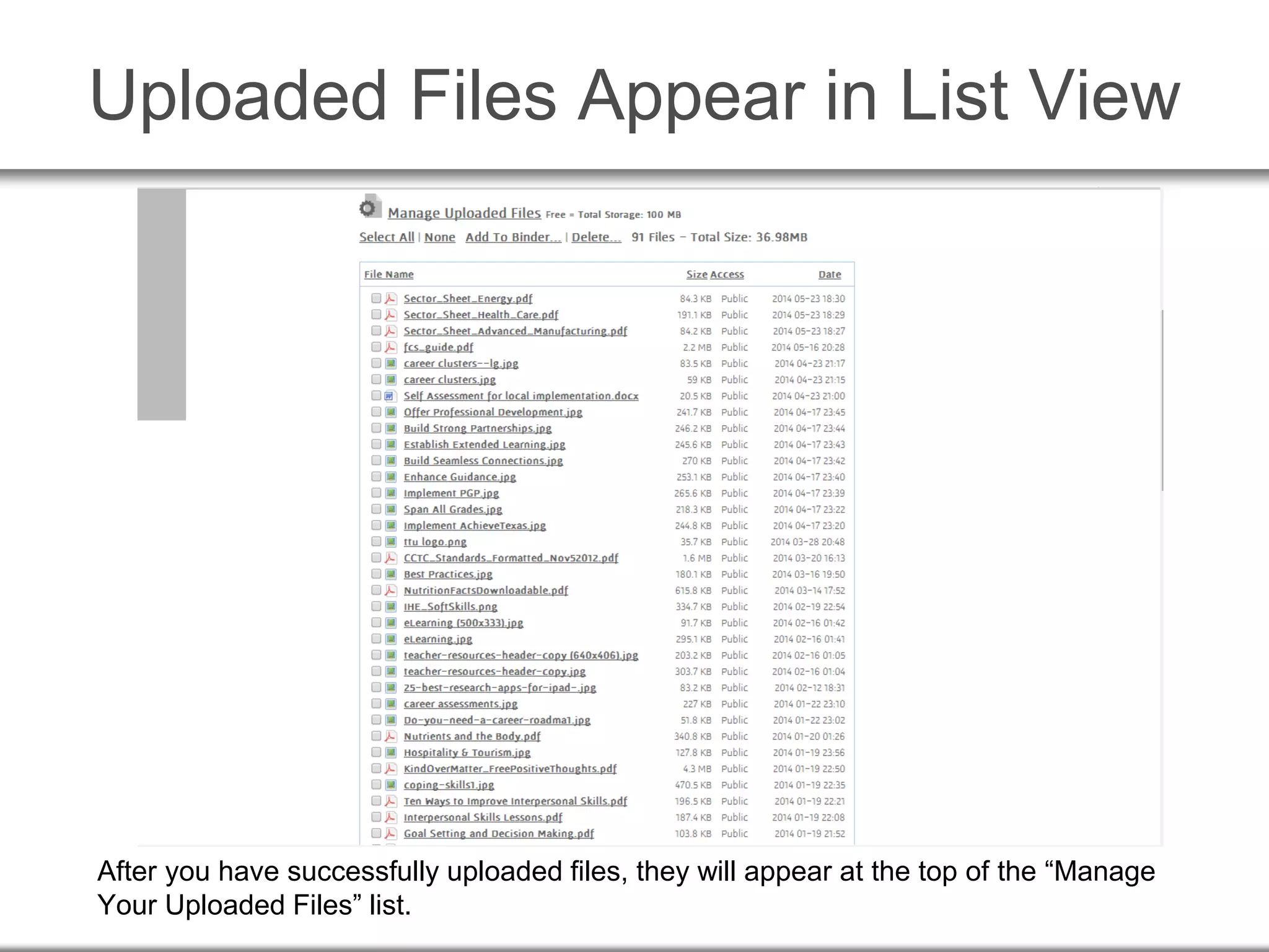 Uploaded Files Appear in List View
After you have successfully uploaded files, they will appear at the top of the “Manage
Your Uploaded Files” list.
 