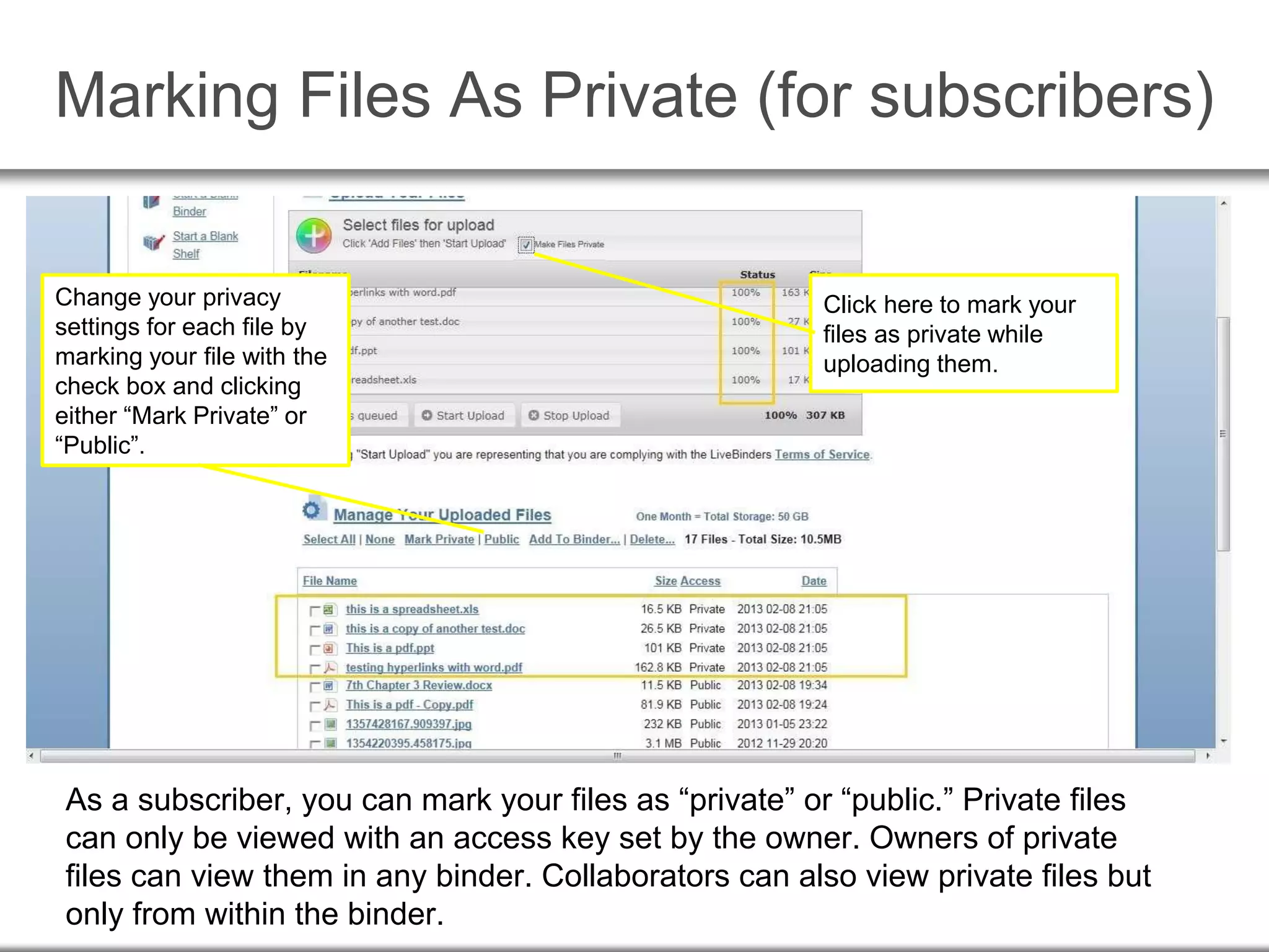 Marking Files As Private (for subscribers)
As a subscriber, you can mark your files as “private” or “public.” Private files
can only be viewed with an access key set by the owner. Owners of private
files can view them in any binder. Collaborators can also view private files but
only from within the binder.
Change your privacy
settings for each file by
marking your file with the
check box and clicking
either “Mark Private” or
“Public”.
Click here to mark your
files as private while
uploading them.
 