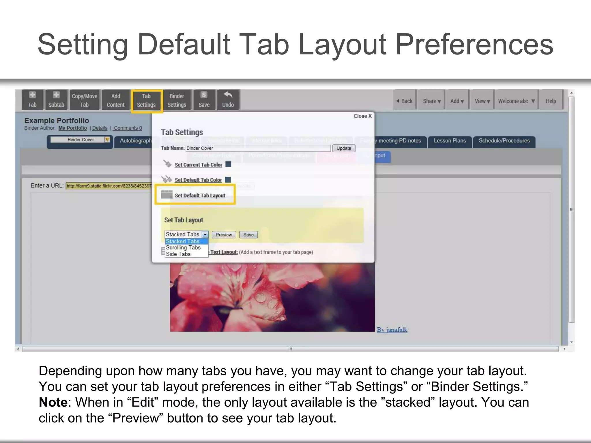 Setting Default Tab Layout Preferences
Depending upon how many tabs you have, you may want to change your tab layout.
You can set your tab layout preferences in either “Tab Settings” or “Binder Settings.”
Note: When in “Edit” mode, the only layout available is the ”stacked” layout. You can
click on the “Preview” button to see your tab layout.
 