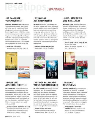 buchjournal sechs.2015 39
lesetipps. SPANNUNG
SPANNUNG . LESETIPPS
. JUNG, ATTRAKTIV
UND KNALLHART
MIT CRISSA STONE betritt ein neues, faszi-
nierendes Bad Girl die Bühne der Kriminal-
literatur. Crissa bestreitet ihren Lebensunter-
halt als Meisterdiebin. Ihre Coups sind
sorgfältig vorbereitet und frei von Gewalt.
Bis der Überfall auf eine Pokerrunde gründ-
lich schiefläuft und Crissa zur Gejagten wird.
Erstmals auf Deutsch. Grandios übersetzt
von Alf Mayer.
→ WALLACE STROBY • KALTER SCHUSS INS HERZ
Ein Crissa-Stone-Roman.
Übersetzt von Alf Mayer. Pendragon, 352 S.,
15,99 € (D) • 16,50 € (A)
. IM AUGE
DES STURMS
DETECTIVE ROBICHEAUX ist erschüttert über
das Ausmaß der Zerstörung, das Hurrikan
Katrina angerichtet hat. In diesem Chaos sucht
er einen verschwundenen Priester, drei Ver-
gewaltiger und den Anführer einer dubiosen
Bürgerwehr. Meisterhaft beschreibt Bestseller-
autor Burke das apokalyptische Szenario, liefert
messerscharfe Dialoge und einen richtig guten
Plot. Kriminalliteratur im allerbesten Sinne.
→ JAMES LEE BURKE • STURM ÜBER
NEW ORLEANS Ein Dave-Robicheaux-Krimi.
Übersetzt von Georg Schmidt. Pendragon,
576 S., 17,99 € (D) • 18,50 € (A)
. IM BANN DER
VERGANGENHEIT
MÜNCHEN, NACHKRIEGSZEIT: Die einstige
„Hauptstadt der Bewegung“ liegt in Schutt
und Asche – aber für Fritz Lehmann könnte
alles perfekt sein, denn seitdem der Kripo-
beamte Englisch gelernt und Gefallen an Jazz
und Demokratie gefunden hat, ist er auf dem
Weg in ein neues Leben. Doch die Ermittlungen
im Mordfall an der Gelegenheitsprostituierten
Irina Stepaschkin führen ihn zu jüdischen
Überlebenden des Holocaust – und schon hat
die Vergangenheit ihn wieder fest im Griff.
→ BERND OHM • WOLFSSTADT
ars vivendi, 501 S., 22,90 € (D) • 23,60 € (A)
. IDYLLE UND
ABSCHEULICHKEIT
MIT SEINEM NETZ macht der Fischer Frans
Bengtsson einen fürchterlichen Fang: den
leblosen Körper eines Mädchens. Sie ist er-
tränkt worden, und zwar nicht im Meer. Patrik
Hedström und seine Kollegen ermitteln. Hin-
ter der idyllischen Fassade von Fjällbacka tut
sich eine abscheuliche Realität auf: Familien-
fehden, Perversion und eine weit zurück-
reichende Schuld.
→ CAMILLA LÄCKBERG • DIE TÖCHTER DER KÄLTE
Übersetzt von Gisela Kosubeck, gelesen von
Ulrike Hübschmann. steinbach sprechende
bücher, 6 CDs, 14,99 € (D) • 15,50 € (A)
. WEINKRIMI
AUS RHEINHESSEN
IM TRUBEL der hitzigen Erntetage wird der
alte Winzer Schlamp tot in seinem Ohrensessel
entdeckt, aus dem er seit einem Schlaganfall
kaum noch herausgekommen war. Als nur
wenige Tage später ein zweiter Winzer tot
aufgefunden wird, glauben nur noch jene an
einen Unglücksfall, die die alten Geschichten
nicht mehr kennen wollen. Kurt-Otto Hatte-
mer aber kennt sie – und er hat einen grausa-
men Verdacht, wer seine Kollegen auf dem
Gewissen hat …
→ ANDREAS WAGNER • WINZERSTERBEN
Emons, 208 S., 9,90 € (D) • 10,20 € (A)
. AUF DEN FALKLANDS
VERSCHWINDEN KINDER
DIE RAUEN KÜSTEN der Inselgruppe sind nicht
ungefährlich, doch als zum dritten Mal ein
kleiner Junge verschwindet, glaubt kaum
noch jemand an einen Unfall. Die Bewohner
müssen befürchten, dass einer von ihnen ein
Mörder ist. Auch Catrin Quinn, die nach dem
Tod ihrer beiden Söhne ein zurückgezogenes
Leben führt, wird in die Suche hineingezogen.
Mit jeder Stunde steigen Misstrauen und Hys-
terie, bis eine regelrechte Hexenjagd beginnt.
→ SHARON BOLTON • BÖSE LÜGEN
Übersetzt von Marie-Luise Bezzenberger.
Manhattan, 464 S., 14,99 € (D) • 15,50 € (A)
 