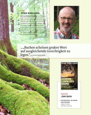→
↵ PETER WOHLLEBEN
FAKTEN
. ZUM BUCH
→ PETER WOHLLEBEN • DAS GEHEIME
LEBEN DER BÄUME
Ludwig, 224 Seiten,
19,99 € (D) • 20,60 € (A)
VITA
. PETER WOHLLEBEN
DER 1964 IN BONN GEBORENE Peter Wohlleben
wollte schon als Kind Naturschützer werden.
Nach vielen Jahren in der Landesforstverwaltung
leitet der studierte Förster heute einen umwelt-
freundlichen Forstbetrieb in der Eifel. Dort arbei-
tet er an der Rückkehr der Urwälder. Er wird
häufig in Talkshows eingeladen, hält Vorträge
sowie Seminare und ist Autor von Büchern zu
Themen rund um den Wald und den Naturschutz.
„Das geheime Leben der Bäume“ hat im Sturm
die Bestsellerlisten erobert.
©TobiasWohlleben
©PeterWohlleben
 