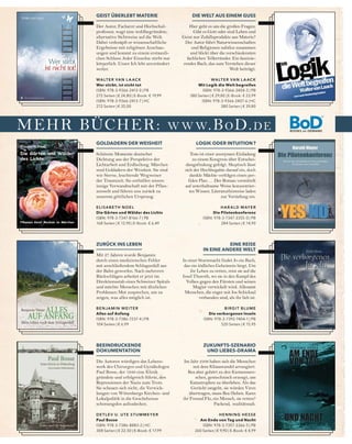 56 buchjournal sechs.2015
KUNST  LEBEN . THEMENTISCH
Weihnachten
RENTIERE UND RAUSCHGOLDENGEL
Wenn die Tage kürzer und kälter werden, muss anderweitig Licht in den Alltag gebracht
werden – zum Beispiel mit weihnachtlichen Liedern, Legenden und Erinnerungen oder
mit behaglichen Ausflügen ins Häkel-Winterwunderland. → INA GRÜN
THEMENTISCH . WEIHNACHTEN
Eine CD, die festlich stimmt: 12 wunderbare
Märchen und Sagen zur Weihnachtszeit.
Gelesen von Reinhard Kuhnert.
→ CHRISTINE GIERSBERG •
WEIHNACHTSMÄRCHEN Die schönsten
Märchen und Sagen zur Weihnachtszeit.
John Verlag, 1 CD, 12,90 € (D/A)
©AlexRaths/iStock
In diesem reich illustrierten Prachtband
können Sie Weihnachtslieder aus Polen,
Mexiko oder dem Kongo entdecken.
→ WEIHNACHTSLIEDER AUS ALLER WELT
Advents- und Weihnachtslieder aus
40 Ländern. Mit CD zum Mitsingen.
Reclam, 128 S., 28,– € (D) • 28,80 € (A)
Anrührend, mitunter traurig, aber auch
fröhlich sind die Begebenheiten in dieser
Reihe. 23 Zeitzeugen erzählen hier.
→ UNVERGESSENE WEIHNACHTEN
Band 11. Zeitzeugen-Erinnerungen aus
guten und aus schlechten Zeiten.
Zeitgut Verlag, 192 S., 7,90 € (D) • 8,15 € (A)
 