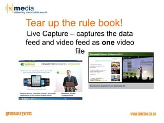 Tear up the rule book!
 Live Capture – captures the data
feed and video feed as one video
               file
 