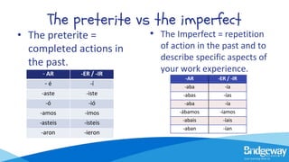 The preterite vs the imperfect
• The preterite =
completed actions in
the past.
• The Imperfect = repetition
of action in the past and to
describe specific aspects of
your work experience.- AR -ER / -IR
- é -í
-aste -iste
-ó -ió
-amos -imos
-asteis -isteis
-aron -ieron
-AR -ER / -IR
-aba -ía
-abas -ías
-aba -ía
-ábamos -íamos
-abais -íais
-aban -ían
 