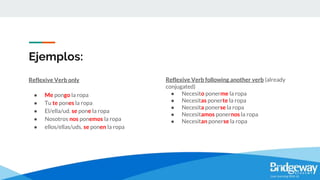 Ejemplos:
Reflexive Verb only
● Me pongo la ropa
● Tu te pones la ropa
● El/ella/ud. se pone la ropa
● Nosotros nos ponemos la ropa
● ellos/ellas/uds. se ponen la ropa
Reflexive Verb following another verb (already
conjugated)
● Necesito ponerme la ropa
● Necesitas ponerte la ropa
● Necesita ponerse la ropa
● Necesitamos ponernos la ropa
● Necesitan ponerse la ropa
 