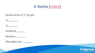 Ir forms (video)
Review forms of “ir” (to go)
Yo _______
Tu ________
El/ella/ud _______
Nosotros _________
Ellos/ellas/uds. _________
 