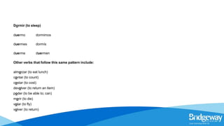 Dormir (to sleep)
duermo dormimos
duermes dormís
duerme duermen
Other verbs that follow this same pattern include:
almorzar (to eat lunch)
contar (to count)
costar (to cost)
devolver (to return an item)
poder (to be able to; can)
morir (to die)
volar (to fly)
volver (to return)
 