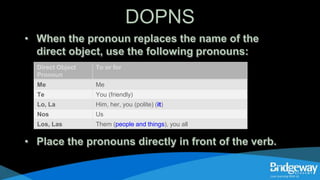 DOPNS
• When the pronoun replaces the name of the
direct object, use the following pronouns:
• Place the pronouns directly in front of the verb.
Direct Object
Pronoun
To or for
Me Me
Te You (friendly)
Lo, La Him, her, you (polite) (it)
Nos Us
Los, Las Them (people and things), you all
 