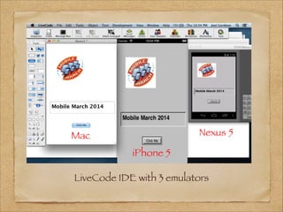 LiveCode IDE with 3 emulators
Mac
iPhone 5
Nexus 5
 